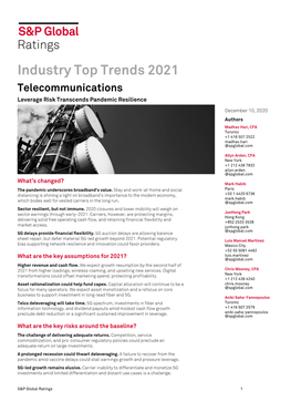 Industry Top Trends 2021 Telecommunications Leverage Risk Transcends Pandemic Resilience