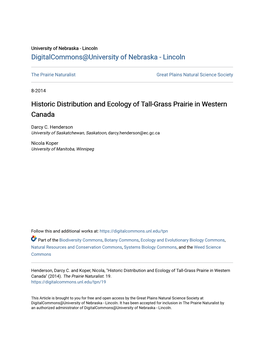 Historic Distribution and Ecology of Tall-Grass Prairie in Western Canada