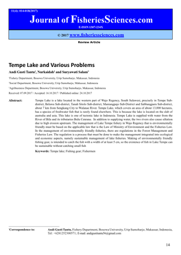Tempe Lake and Various Problems Andi Gusti Tantu1, Nurkaidah2 and Suryawati Salam3
