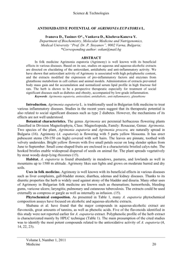 Antioxidative Potential of Agrimonia Eupatoria L