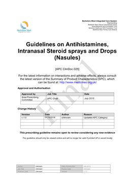 Guidelines on Antihistamines, Intranasal Steroid Sprays and Drops (Nasules)