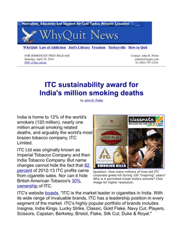 ITC Sustainability Award for India's Million Smoking Deaths by John R