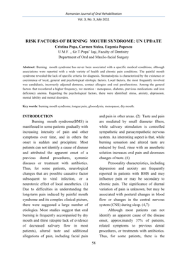 RISK FACTORS of BURNING MOUTH SYNDROME: UN UPDATE Cristina Popa, Carmen Stelea, Eugenia Popescu