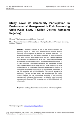 Study Level of Community Participation in Environmental Management in Fish Processing Units (Case Study : Kaliori District, Rembang Regency)