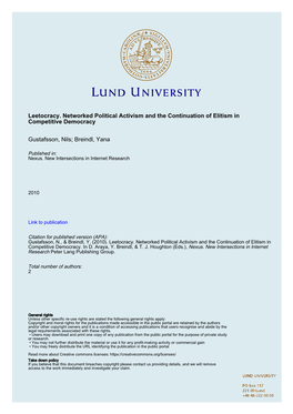 Leetocracy. Networked Political Activism and the Continuation of Elitism in Competitive Democracy Gustafsson, Nils