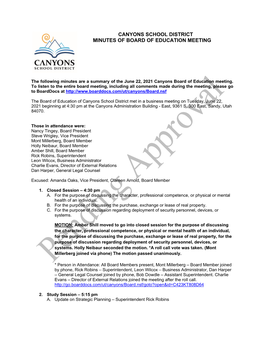 Canyons School District Minutes of Board of Education Meeting