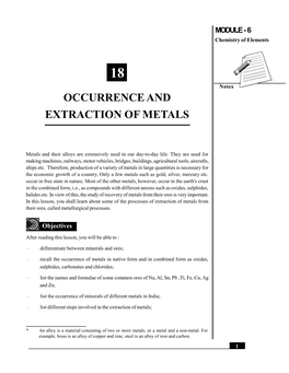 Occurrence and Extraction of Metals MODULE - 6 Chemistry of Elements