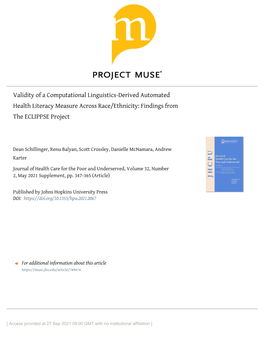 Validity of a Computational Linguistics-Derived Automated Health Literacy Measure Across Race/Ethnicity: Findings from the ECLIPPSE Project