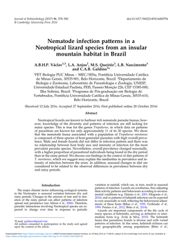 Nematode Infection Patterns in a Neotropical Lizard Species from an Insular Mountain Habitat in Brazil