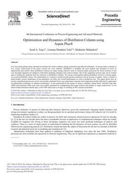 Optimization and Dynamics of Distillation Column Using Aspen Plus®