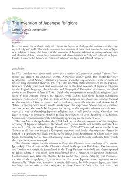 The Invention of Japanese Religions Jason Ananda Josephson* Williams College