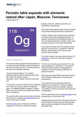 Periodic Table Expands with Elements Named After Japan, Moscow, Tennessee 1 December 2016