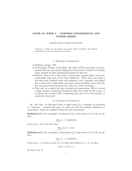 Math 1D, Week 5 – Uniform Convergence and Power Series