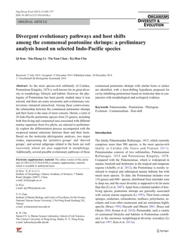 Divergent Evolutionary Pathways and Host Shifts Among the Commensal Pontoniine Shrimps: a Preliminary Analysis Based on Selected Indo-Pacific Species