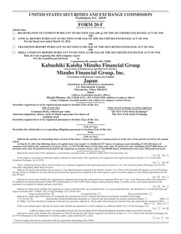 Kabushiki Kaisha Mizuho Financial Group (Exact Name of Registrant As Specified in Its Charter) Mizuho Financial Group, Inc