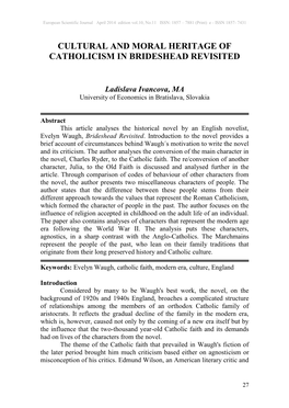 Cultural and Moral Heritage of Catholicism in Brideshead Revisited