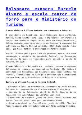 Bolsonaro Exonera Marcelo Álvaro E Escala Cantor De Forró Para O Ministério Do Turismo