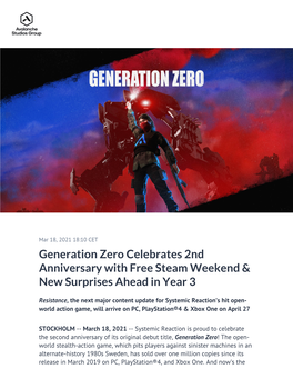 Generation Zero Celebrates 2Nd Anniversary with Free Steam Weekend & New Surprises Ahead in Year 3