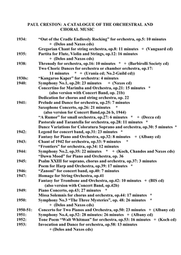 PAUL CRESTON: a CATALOGUE of the ORCHESTRAL and CHORAL MUSIC 1934: “Out of the Cradle Endlessly Rocking” for Orchestra