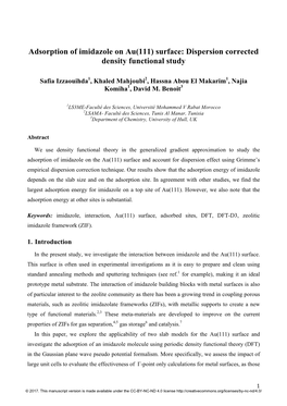 Adsorption of Imidazole on Au(111) Surface: Dispersion Corrected Density Functional Study