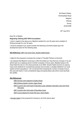 1 Mr Robert Waldie, 109 Westfield Road Mayford Woking Surrey GU22 9QR 26Th July 2015 Dear Sir Or Madam Regarding: Woking 2027 D