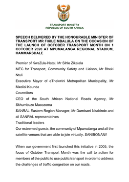 Launch of October Transport Month on 1 October 2020 at Mpumalanga Regional Stadium, Hammarsdale