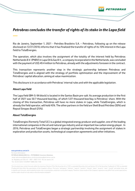 Petrobras Concludes the Transfer of Rights of Its Stake in the Lapa Field —