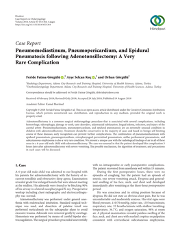 Case Report Pneumomediastinum, Pneumopericardium, and Epidural Pneumatosis Following Adenotonsillectomy: a Very Rare Complication