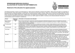 Wokingham Borough Schools Allocation of Places for September 2016