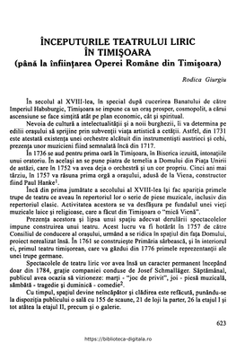 ÎNCEPUTURILE TEATRULUI LIRIC ÎN TIMIŞOARA (Până La Înfiinţarea Operei Române Din Timişoara)