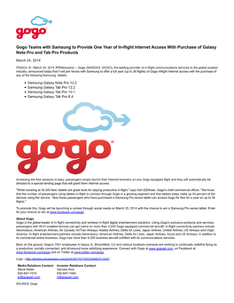 Gogo Teams with Samsung to Provide One Year of In-Flight Internet Access with Purchase of Galaxy Note Pro and Tab Pro Products