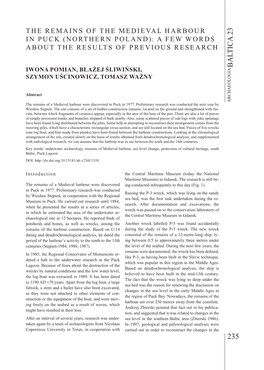 Pomian the Remains of the Medieval Harbour in Puck (Northern Poland): a Few Words About the Results of Previous Research