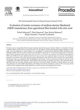 Evaluation of Termite Resistance of Medium Density Fiberboard (MDF) Manufacture from Agricultural Fiber Bonded with Citric Acid