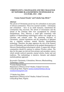 Christianity, Colonialism and the Challenge of Nkwerre Blacksmithing Technological Culture, 1913 – 1960