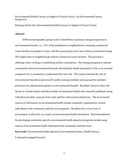 1 Environmental Health Literacy in Support of Social Action: an Environmental Justice Perspective Running (Short) Title: Environ