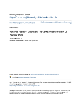 Voltaire's Fables of Discretion: the Conte Philosophique in Le Taureau Blanc