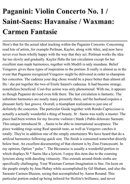 Paganini: Violin Concerto No. 1 / Saint-Saens: Havanaise / Waxman: Carmen Fantasie