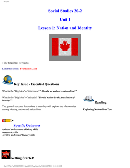 Social Studies 20-2 Unit 1 Lesson 1: Nation and Identity