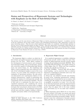Status and Perspectives of Hypersonic Systems and Technologies with Emphasis on the Role of Sub-Orbital Flight ∗ S