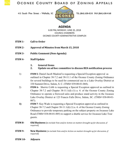 Agenda 6:00 Pm, Monday, June 25, 2018 Council Chambers Oconee County Administrative Complex