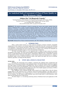 An Analytical Study of Assessment of Class of Water Quality on River Brahmani, Odisha