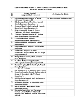 List of Private Hospitals Recognised by Government for Medical Reimbursement