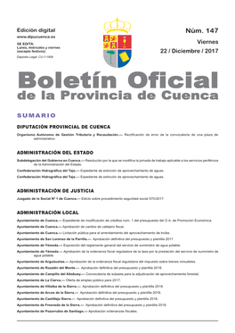 Boletín Oficial De La Provincia De Cuenca Sumario Diputación Provincial De Cuenca