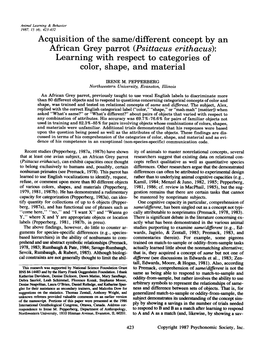 Acquisition of the Same/Different Concept by an African Grey Parrot (Psittacus Erithacus): Learning with Respect to Categories of Color, Shape, and Material