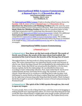 International Bible Lessons Commentary 2 Samuel 23:1-7; 1 Chronicles 18:14 International Bible Lessons Sunday, July 8, 2012 L.G