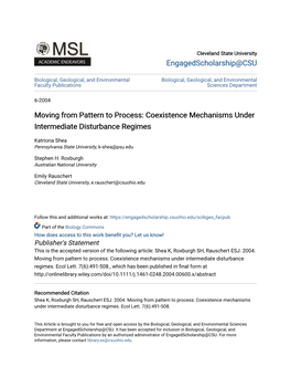 Moving from Pattern to Process: Coexistence Mechanisms Under Intermediate Disturbance Regimes