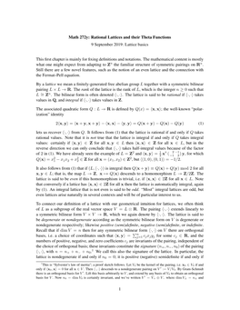 Math 272Y: Rational Lattices and Their Theta Functions 9 September 2019: Lattice Basics