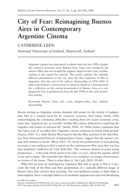 City of Fear: Reimagining Buenos Aires in Contemporary Argentine Cinema CATHERINE LEEN National University of Ireland, Maynooth, Ireland