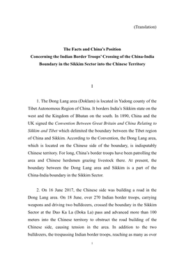 China’S Position Concerning the Indian Border Troops’ Crossing of the China-India Boundary in the Sikkim Sector Into the Chinese Territory