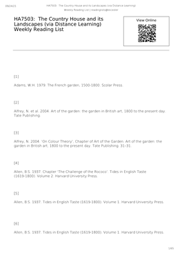HA7503: the Country House and Its Landscapes (Via Distance Learning) Weekly Reading List | Readinglists@Leicester